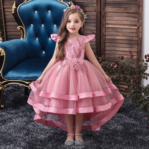 Festklänning för barn Blomstertjej Tyll Prinsessan Tutu Spets Bröllopsklänning, Rosa, 4-5 år
