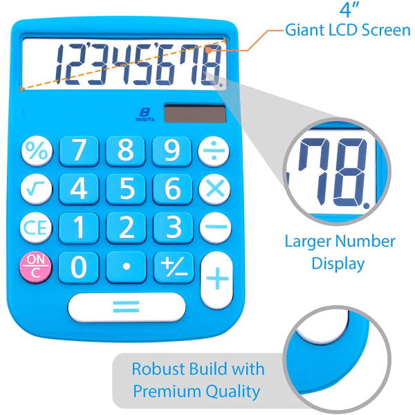 Kalkylator för kontor och hem - 8-siffrig LCD-skärm - Lämplig för skrivbord och användning på resande fot. (Blå)