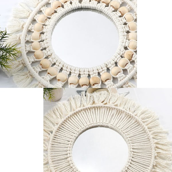 2-pack Macrame väggmonterad spegel med vävd frans Boho rund dekorativ spegel för lägenhet sovrum vardagsrum heminredning vit 2