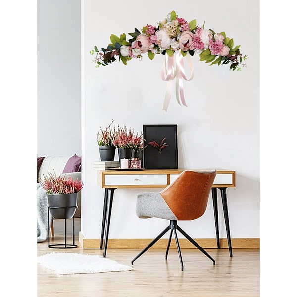 Konstgjord rosblomstergirlang, gröna blad och sidenband för bröllopsbåge ytterdörr väggdekor