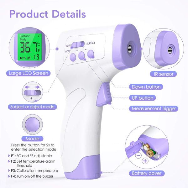 Vuxenpann termometer, infraröd pann termometer, 2 i 1 kontaktfri baby vuxen objekt termometer, infraröd termometer med feberlarm,