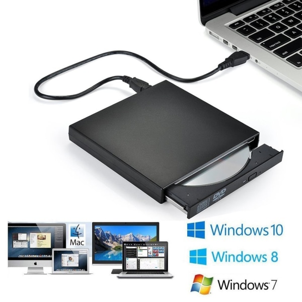 Extern CD DVD-enhet, USB 2.0 Slim Protable Extern CD-RW-enhet DVD-RW-brännare Skrivare Spelare för bärbar dator Notebook PC Desktop-dator, Svart