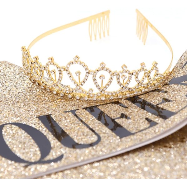 \"Födelsedagskunginna\" Sash & Rhinestone Tiara Kit - 21:a 30:e Födelsedagspresenter Födelsedagssash för Kvinnor Födelsedagsfesttillbehör (Guldglitter med Svart