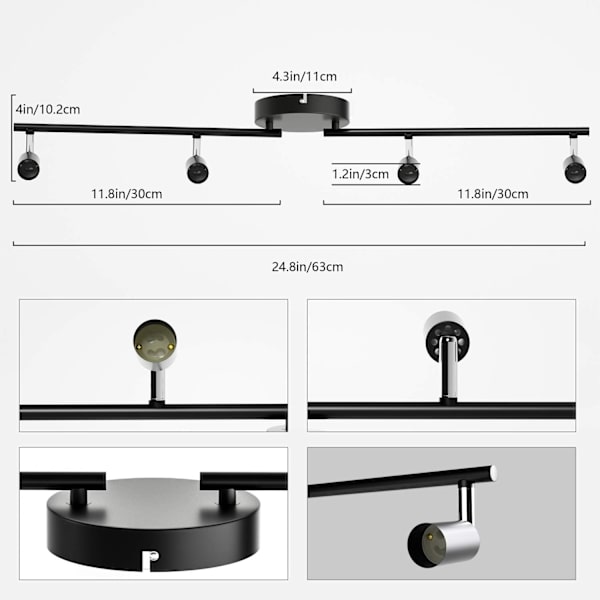 Svängbar LED-taklampa - Med 4 runda spotlights - Svart - För kök, sovrum, vardagsrum - Ingen glödlampa ingår