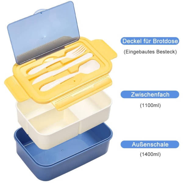Lunchlåda för barn med 3 fack, Bento-låda för vuxna 1400 ml Lunchlåda för vuxna och barn, Mikrovågsugn och diskmaskinssäker (Blå)