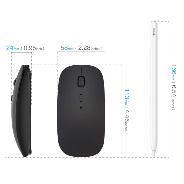 Bluetooth mus för bärbar dator/iPad/iPhone/Mac (iOS13.1.2 och högre) / Android PC/dator, uppladdningsbar ljudlös mini trådlös mus för
