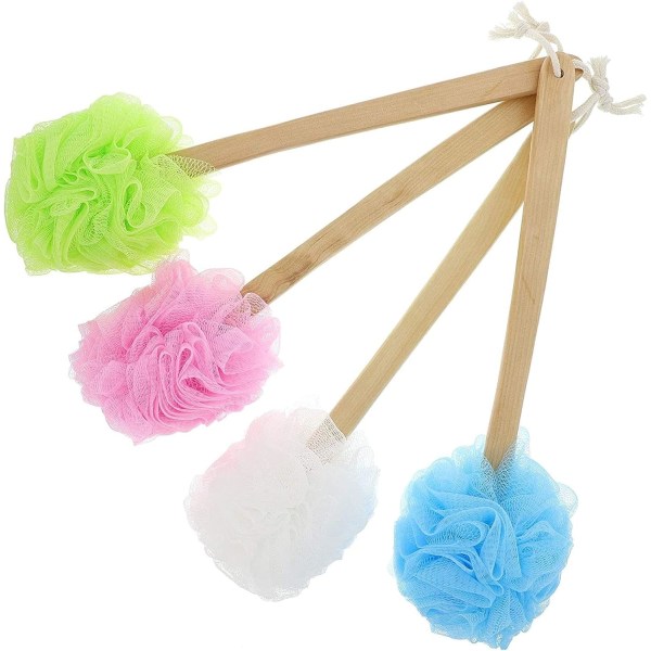 Långhandtagad Loofah på en pinne Kroppsskrubb, Badsvamp (4 färger, 4-pack)