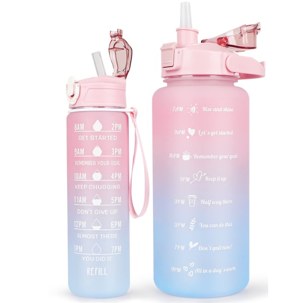 CodiCile 2-pack dricksflaska BPA-fri 2L+750ml, sportdricksflaska med tidsmarkör och sugrör, 2 liters dricksflaska för gymmet med borste,