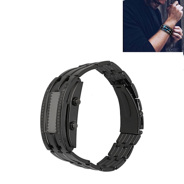 Dubbelradig Binär Klocka Digital Blå LED Legering Binär Mode Armbandsur för Studenter Par Svart