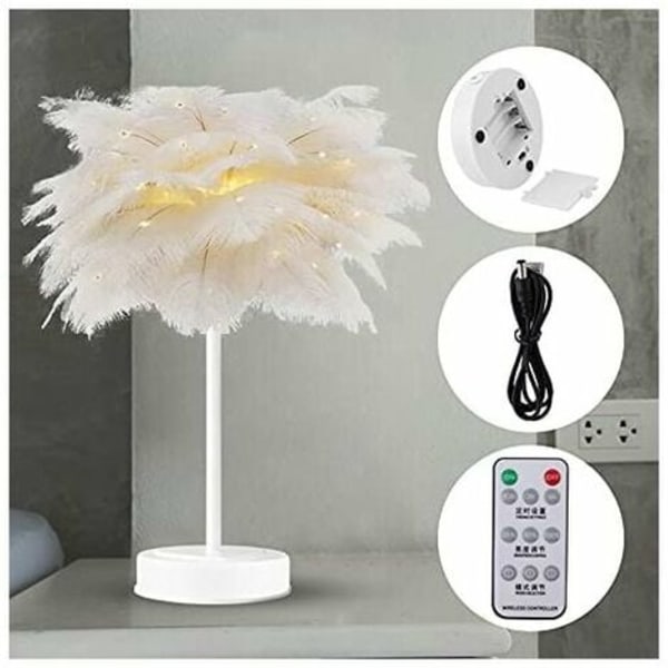 Strutsfjäder Bordslampa Nattljus Dekorationslampa Varm Ljus för Sovrum Bröllopsrum (Vit Struts)