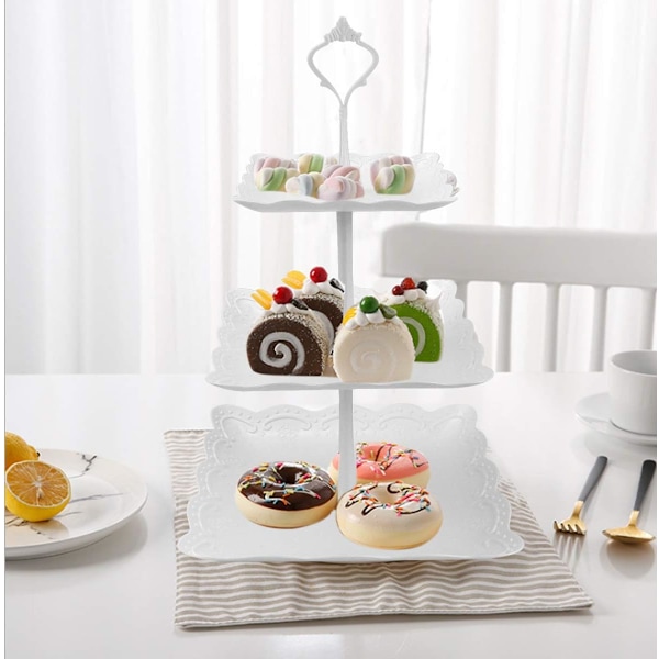 3-vånings kakställ, vitt plast kakställ, kakställ, dessert cupcake-display, våningsfat kakställ för bröllop födelsedagstårta