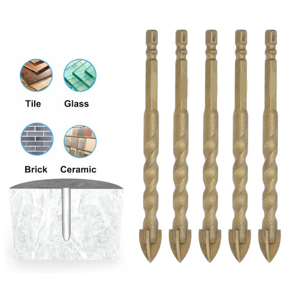 5 st Cross Spearhead Borr Bits med 1/4 tum Hex Skaft för Glas Keramik Marmor 12mm Hål