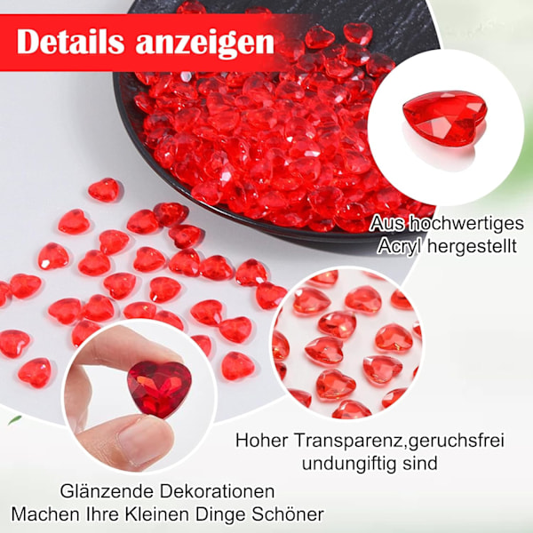 Röda hjärtformade diamantkristaller för DIY Alla hjärtans dag-dekoration, rund briljantslipad inspirerad klar och hållbar hjärtan, bröllopskonfetti lämplig för