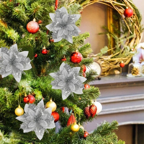 12 st Christmas Glitter Blommor Julstjärna Artificiell Xmas