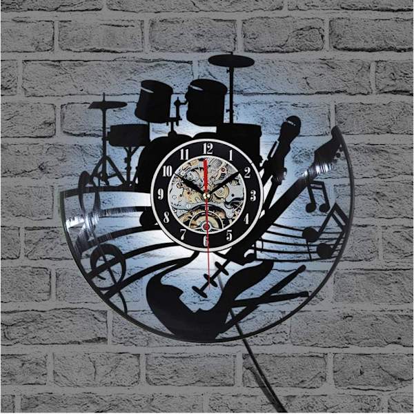 Musikgitarr Vinyl Record Väggklocka Modern Design Kreativ Väggkonst Vardagsrum Sovrum Dekoration Klocka med LED 12 Tum