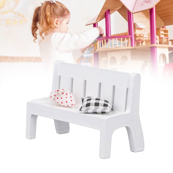 Miniatyrdocka trädgårdsbänk dockhus trä soffa bänk leksak med kuddar för DIY