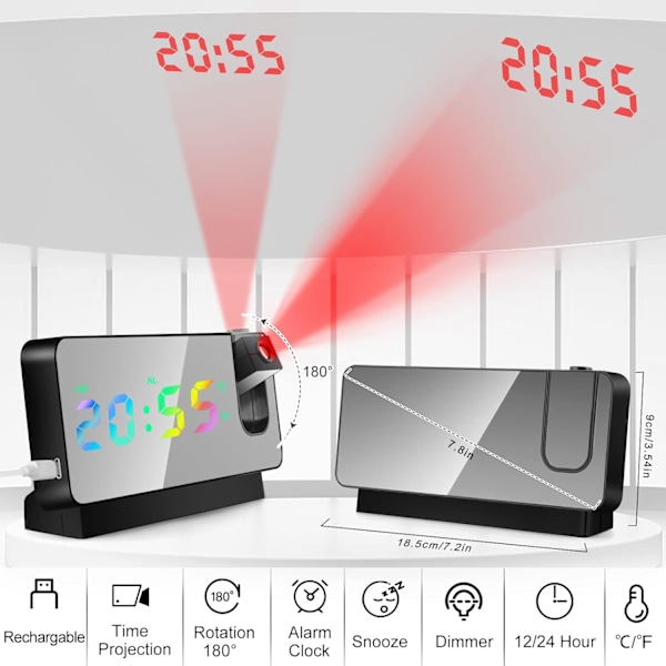 Stilren Projektionsväckarklocka, Digital Klocka med Spegelyta och 180° Roterbar Projektor, Stor LED-Display, USB-Laddare, Sovrum och Kontor