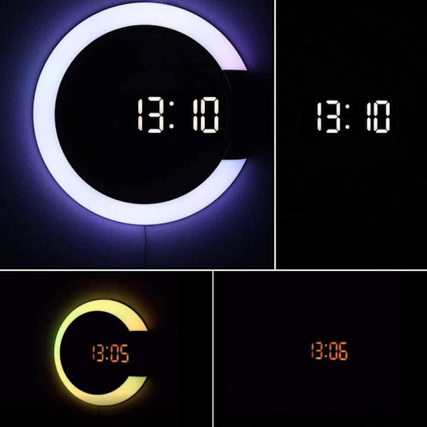 LED-väggklocka, 7 färger kan justeras temperaturdisplay väckarklocka, vardagsrum sovrumsdekorationer