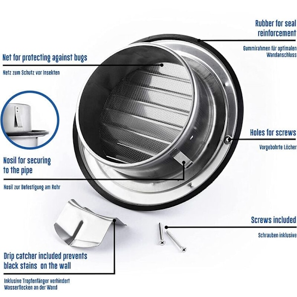 Ventilationsgaller 120 mm Högkvalitativt rostfritt stål Ventilationsgaller Utvändig ventilationsgaller med myggnät Skyddar fasaden och