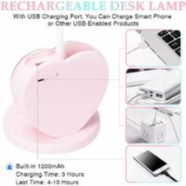 LED-skrivbordslampa för flickor, ögonvänlig bordslampa med pennhållare, laddningsbar USB-port, 2 färgtemperaturer