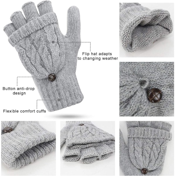 Damhandskar Fingerless Vantar - Vinter Varma Handskar Värmevävare Kabel Stickade, Halvfingerhandskar för Damer och Flickor
