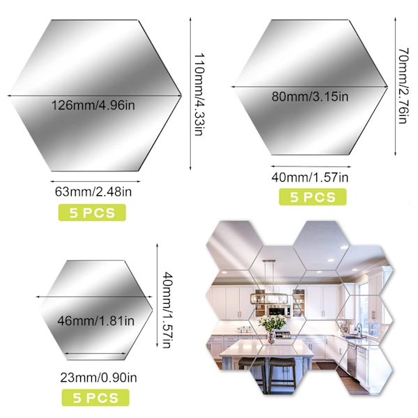 Spegelväggsdekaler, 15 st silver hexagon självhäftande plast spegel 3D akryl spegel väggdekal DIY konst vägg modern dekoration spegeldekal