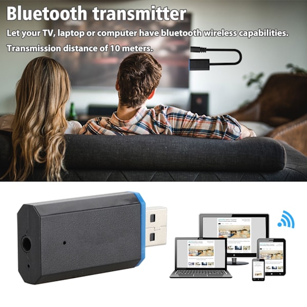 Bluetooth-sändare för TV, trådlös Bluetooth 5.0-sändare ljudadapter trådlös 3,5 mm-adapter för hörlurar PC TV bärbar dator och mer