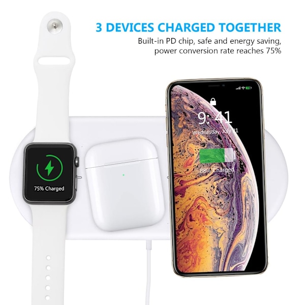 3-i-1 10W trådlös laddare trådlös laddningsstation för iPhone 11 XS XR Apple Watch Air Pods 2