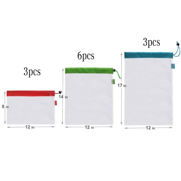 Set med 12 återanvändbara nätpåsar för frukt och grönt - miljövänliga - tvättbara och genomskinliga - med färgglada viktetiketter