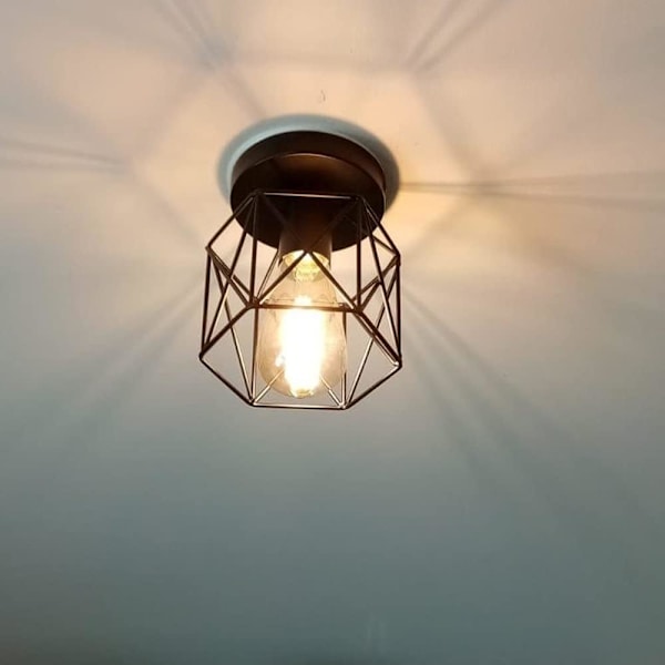 Set med 2 industriella taklampor i fyrkantig metallbur, 15 cm ljuskrona i järnskugga E27 40 W svart för vardagsrum sovrum bar (hexagon)