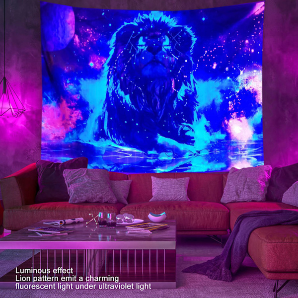 Svartljus Lejon Gobeläng UV Reaktiv Mystisk Färg Lysande Glöd Vägg Hängande för Vardagsrum Sovrum GTYH 150x130cm/59x51.2in