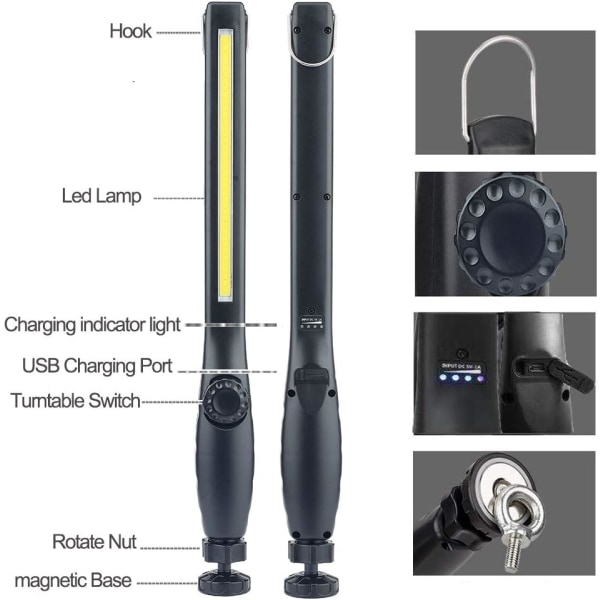 Uppladdningsbar LED-arbetslampa med magnet och USB 360 graders rotation, uppladdningsbar LED-inspektionslampa, inspektionslampa för hushållsverkstad utomhus