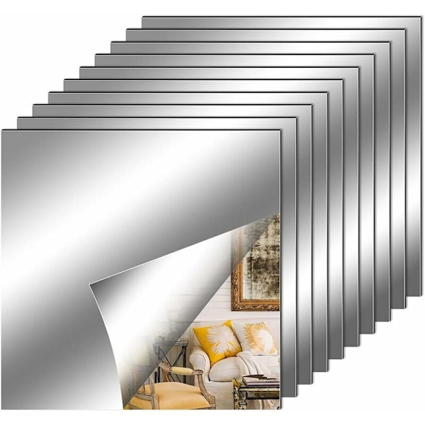 Flexibla akrylspeglar, icke-glas säkerhetsspeglar kvadratiska skärbara för mångsidig DIY, visuell rymdexpansion genom reflekterande effekt, 10 stycken