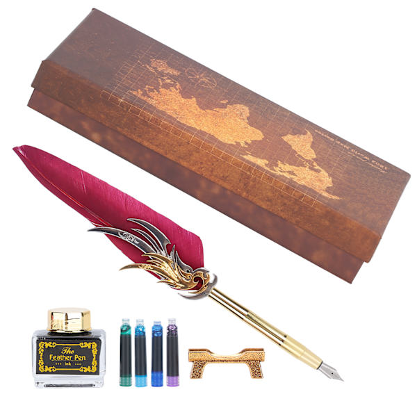 Fjäderpenna Kalligrafi Skrivande Vintage Set Metall Retro Dip Quill Kit med Bläckpåse SP270Burgundy