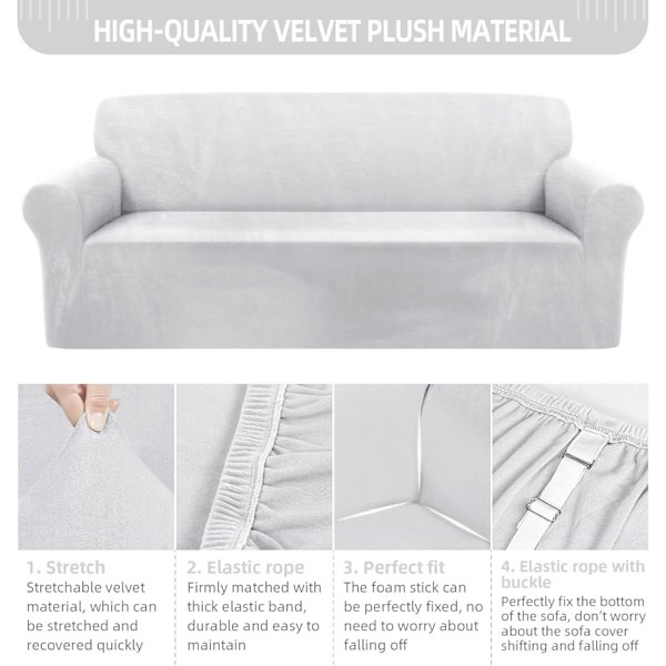 Elastiskt sammetssoffa överdrag sofföverdrag med armstöd 1 del spandex stretch sammet elastiskt sofföverdrag för husdjur (vit, 3 sits)