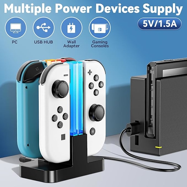 Laddningsstation för Switch, Laddare för Nintendo Switch/OLED, 2H Snabb Laddning för 4 Switch-kontroller, Laddningsdocka med LED-indikator och Kabel