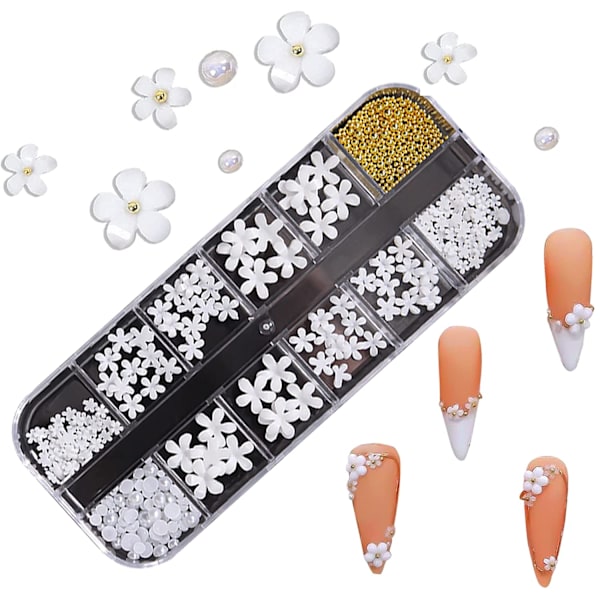 3D Blommiga Nagelkonst Berlocker Set Glitter Vita Blommor Pärla Nagelkonst Gyllene Kaviar Pärlor Nagel Dekoration Akryl Nagelkonst Stud Nagel