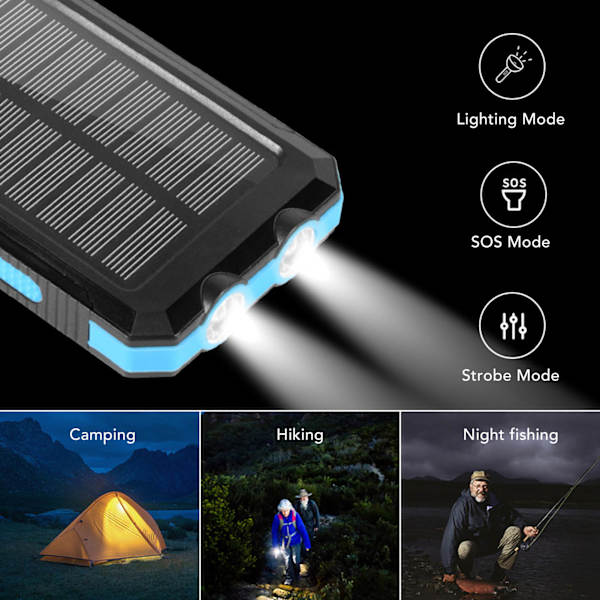 Solcellsladdare 20000mAh IP66 Vattentät Snabbladdning 3 Belysningslägen Solcellsladdare för Camping Cykling Resor