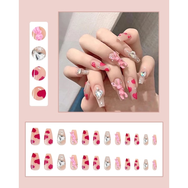 24 st Press on Nails Medium med mönster, kista akryl falska naglar, Ballerina konstgjorda lim på naglar, kanin harts berlocker och strass Stick