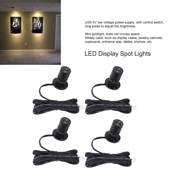 4 st LED Display Spotlights 5V Dimbar USB Mini Spotlight för Smyckesmonter Veranda Entré Svart Varmt Ljus