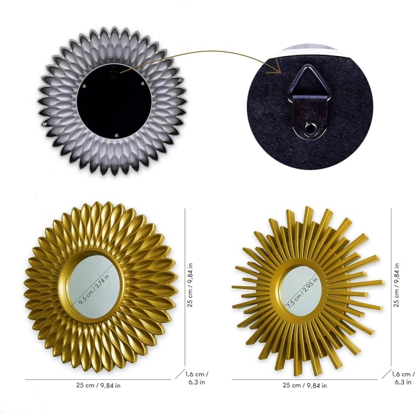 Dekorativ spegeluppsättning för väggdekoration. Solljus spegel används för väggdekoration av vardagsrum, varje del är 25 cm. Guldmetall väggspegel är