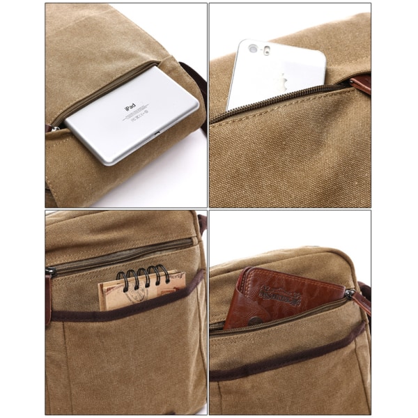 Herr axelväska i canvas, herr väska, laptop väska för 14 tums laptop, axelväska/budväska/messenger väska, khaki