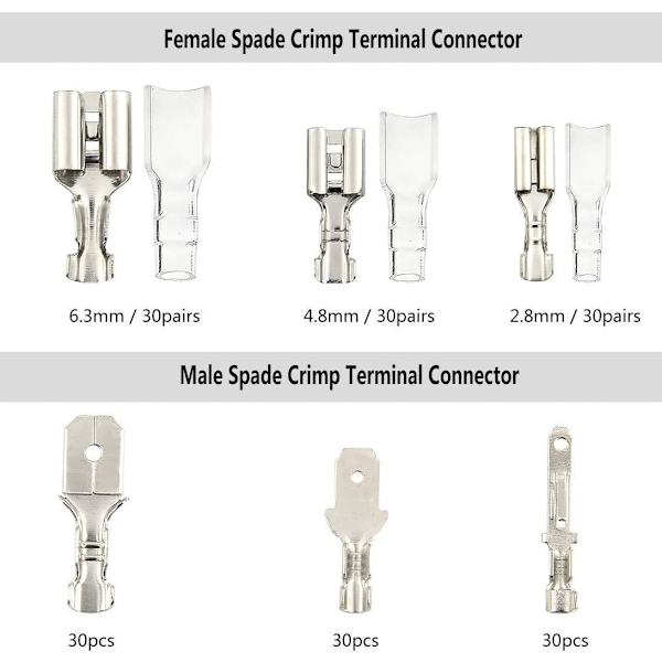 270 st elektriska ledningskontakter hane hona spade ledningskontakter crimp terminalblock med isoleringshylsasats 2,8 mm 4,8 mm 6,3 mm