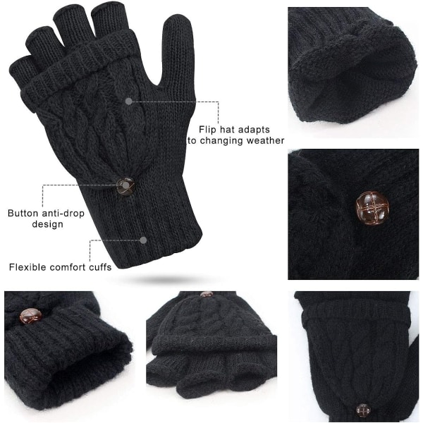 Damhandskar Fingerless Vantar - Vinter Varma Handskar Värmevävare Kabel Stickade, Halvfingerhandskar för Damer och Flickor