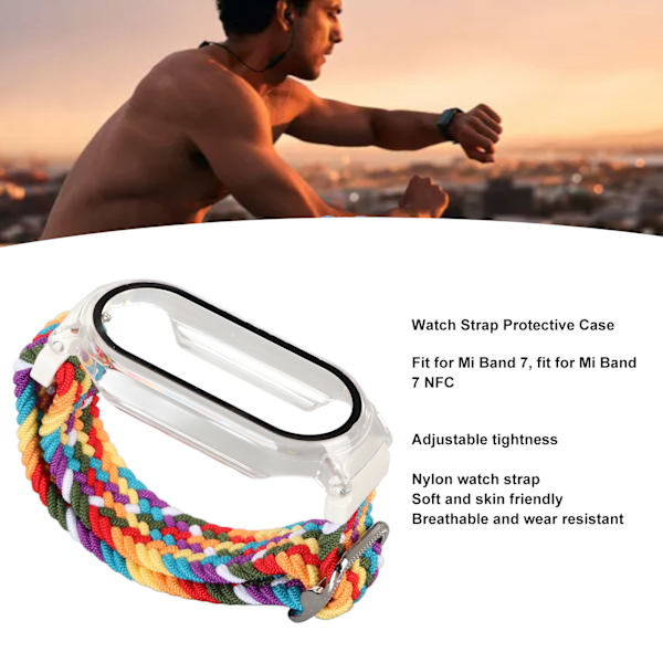 Mjuk nylonflätad klockarmband med stötfångarskydd skärmskyddsaccessoar passar för Mi Band 7 flerfärgad och transparent fodral