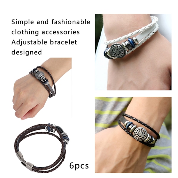 6 st armband handvävd split läder flätad PU herr dam retro armband 23 cm