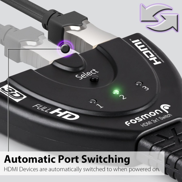 3-portars HDMI-switch med Full HD 1080p spiralformad kabel