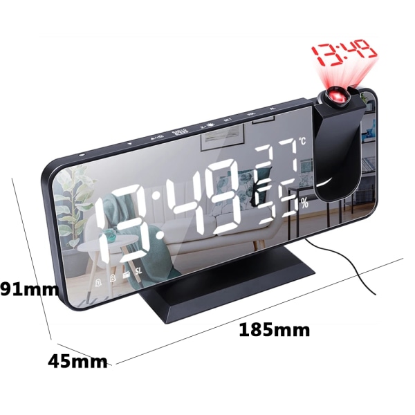 Projektionsväckarklocka, digital väckarklocka med projektion, radioväckarklocka med USB-anslutning, stor LED-display, snooze-funktion, dubbla larm, projektion