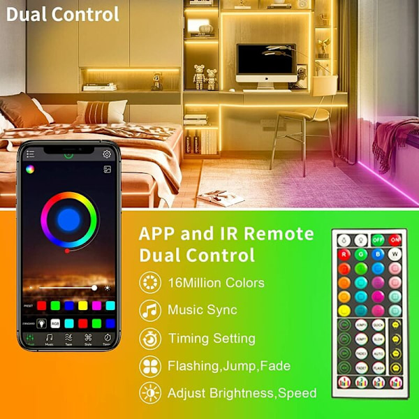 Mångsidiga LED-strip-lampor, 30 m (2 rullar om 15 m) Bluetooth RGB, flexibla och klippbara för alla utrymmen, smart app-styrning med anpassningsbar belysning, musiksynkronisering