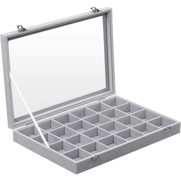 Case med ett klart glasfönster och 24 fack, grå